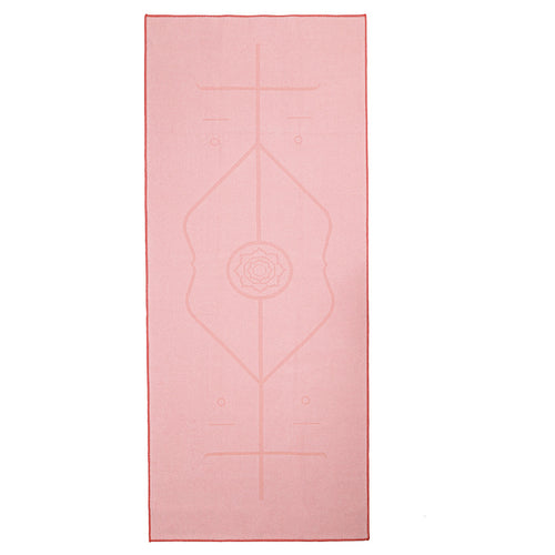 Pink microfiber pilates towel with embossed chakra and lotus design