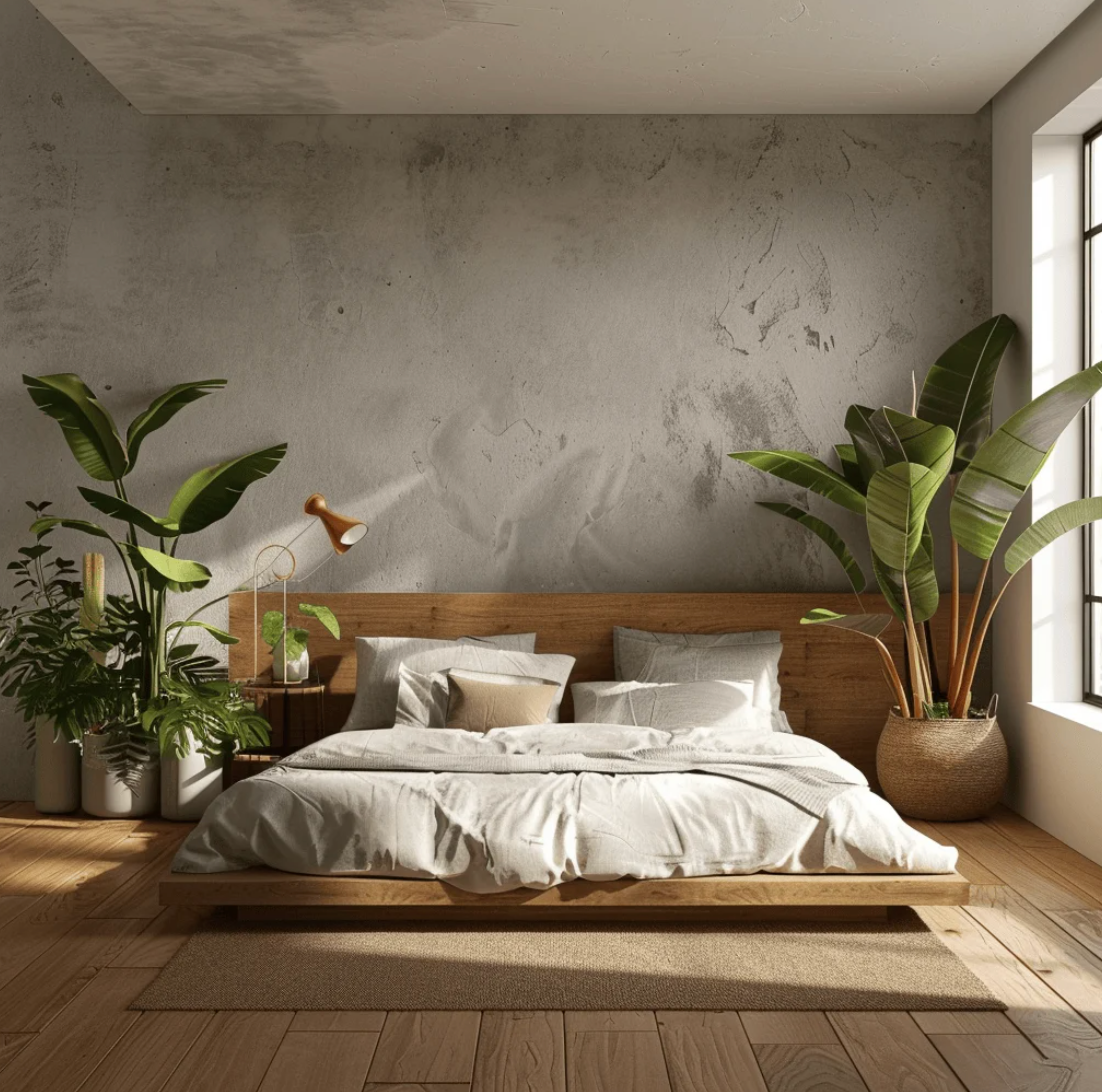 Cozy bedroom corner with plants and warm wood tones